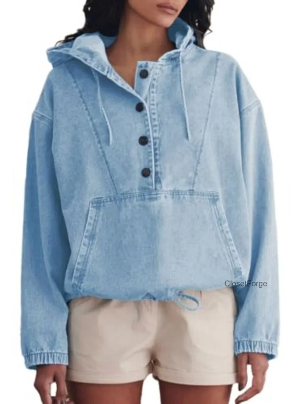 Lightweight Cotton Denim Hoodie Jacket Button Up Drawstring Pullover